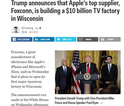 100億美元,數(shù)萬新工作 富士康將在美國建廠(圖)